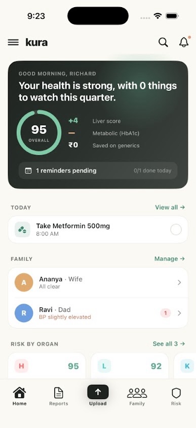 Kura home dashboard with health score